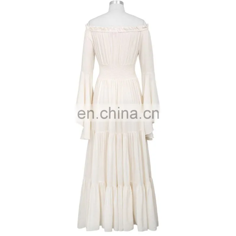Belle Poque Retro Vintage Long Bell Sleeves Off Shoulder Cotton Flared A-Line Beige Long Maxi Dress BP000401-1