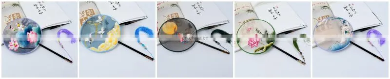 Chinese style multi-pattern silk embroidery dual-faced handmade round fan with long handle and tassel pendant(19*37cm)