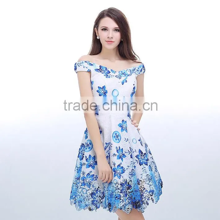 Wholesale Latest Blue and White A-line Printed Off Shoulder Dresses
