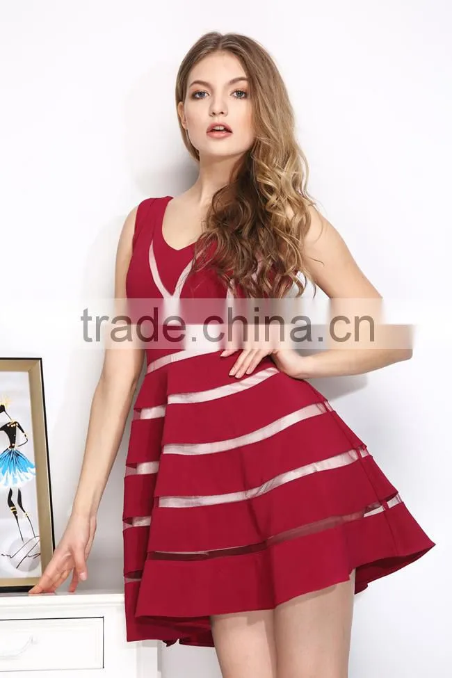 BiBiQ Fashion V-neck Strip A-line Woman Mini Party Dresses 2015