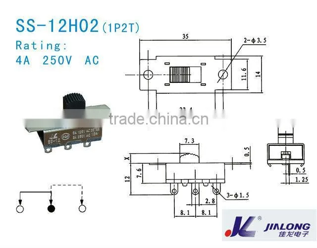 6A 250V 1P2T power slide switch SS-12H02