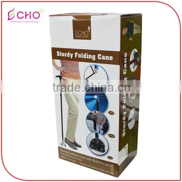 Sturdy Triple Heads Pivoting Base Folding Cane with Build-in Lights for Elder
