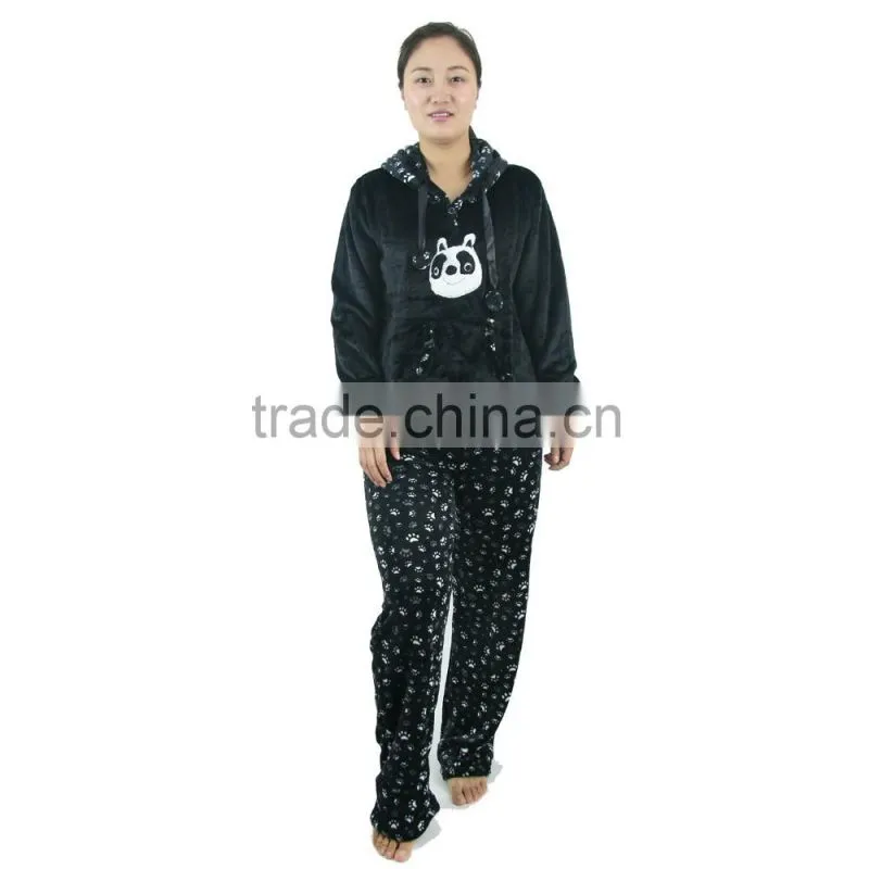 Kevince flannel pyjama set Panda emb cap knitting woman clothing nightwear homewear MOQ 1000sets