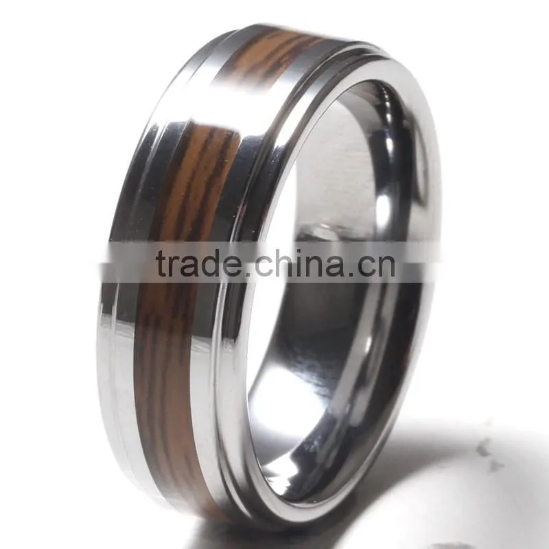 Step down edge shiny polished wood grain paper inlay tungsten rings