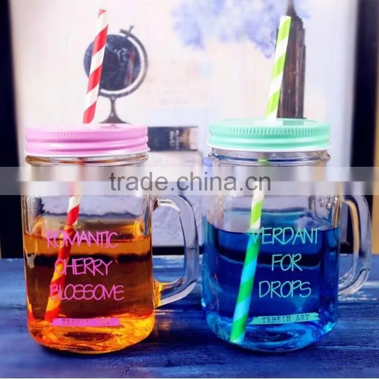 2016 Retro Glass Coloured Cocktail Drinking Handled Jam Mason Jars colorful glass mason jar