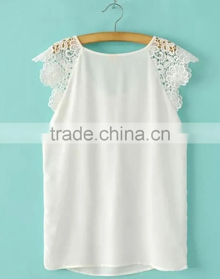 New Women Fashion Summer Lace Floral Hollow Splice Sleeveless Chiffon Blouses