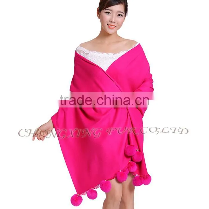 CX-B-P-42C Fur Ball Fashion Women Pashmina Wide Shawl