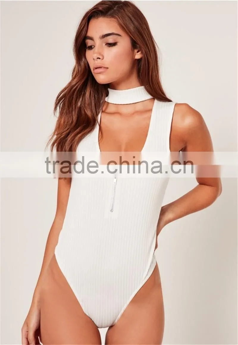 MGOO 2017 High Fashion White Ribbed Bodysuits For Women Sexy Chocker Neck Zip 95% Cotton 5% Spandex Tops