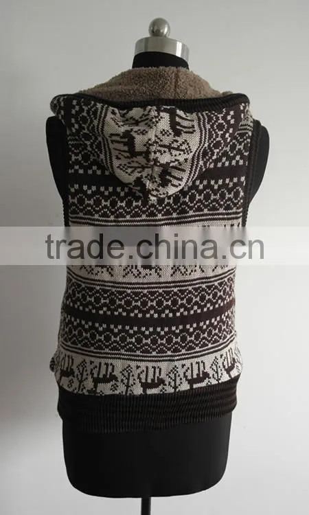 Ladies sleeveless jacquard knit sweater coat with hood
