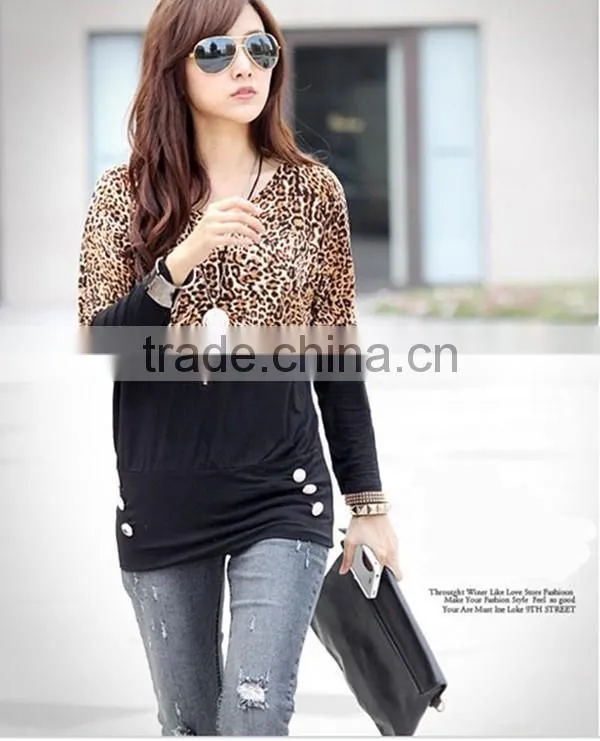 Spring free size new design korean style fashion cotton leopard stitching long sleeve apparel t shirt