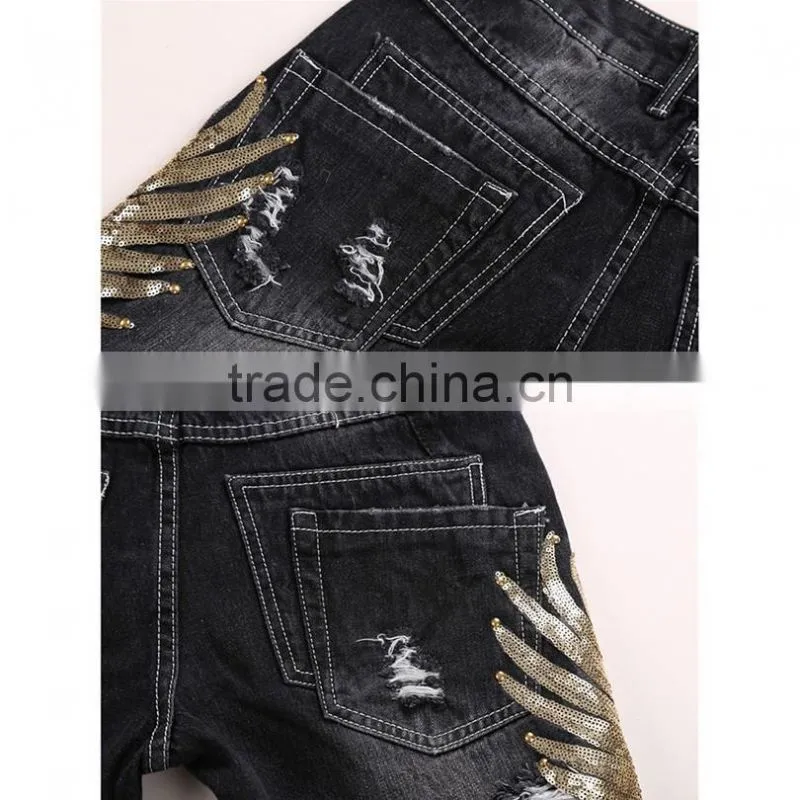 New Stytlish Men Sequin Gold Wings Slim Straight Trousers Ripped Frayed Jeans