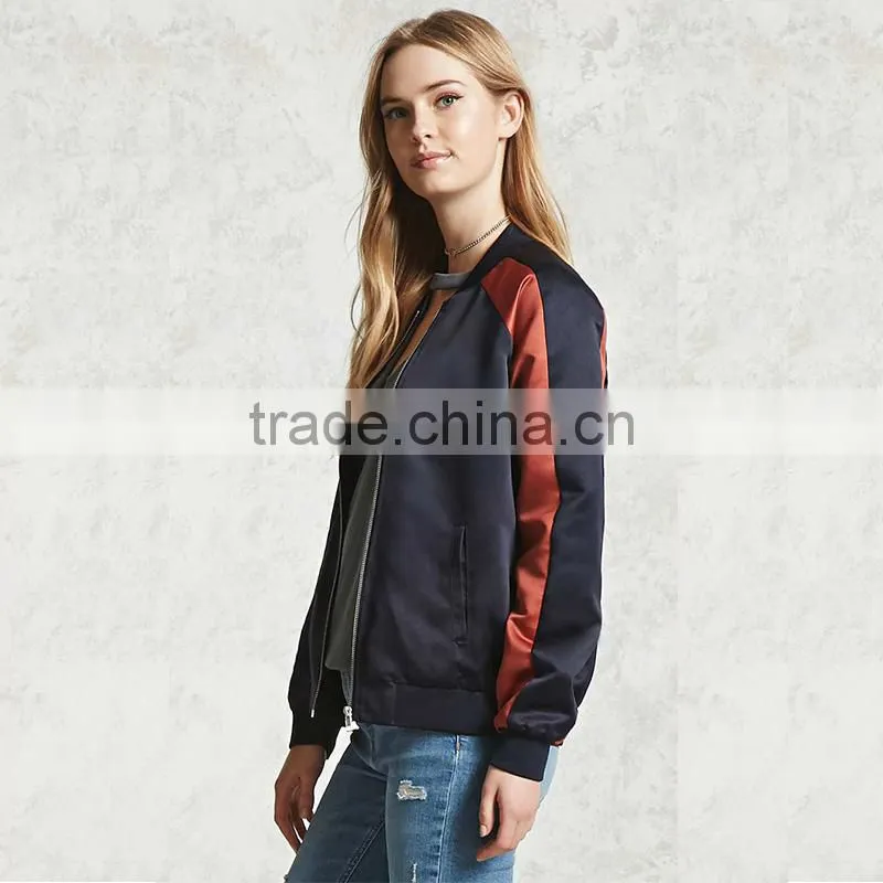 2017 Womens windproof satin contrast ribbed knit trim bomber jackets