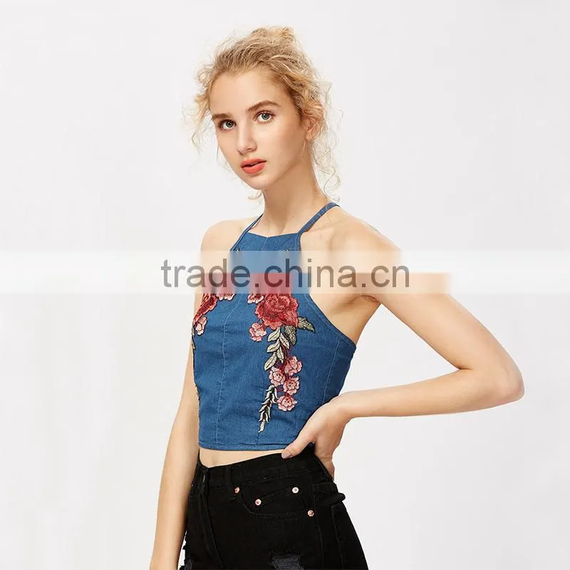 Embroiedered design secy tank top, ladies fashion cami clothing