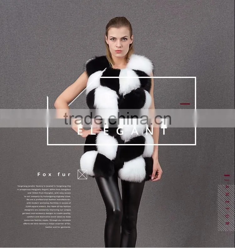 Beautiful black white color fur hand sewing long fur vest women real fox fur gillets