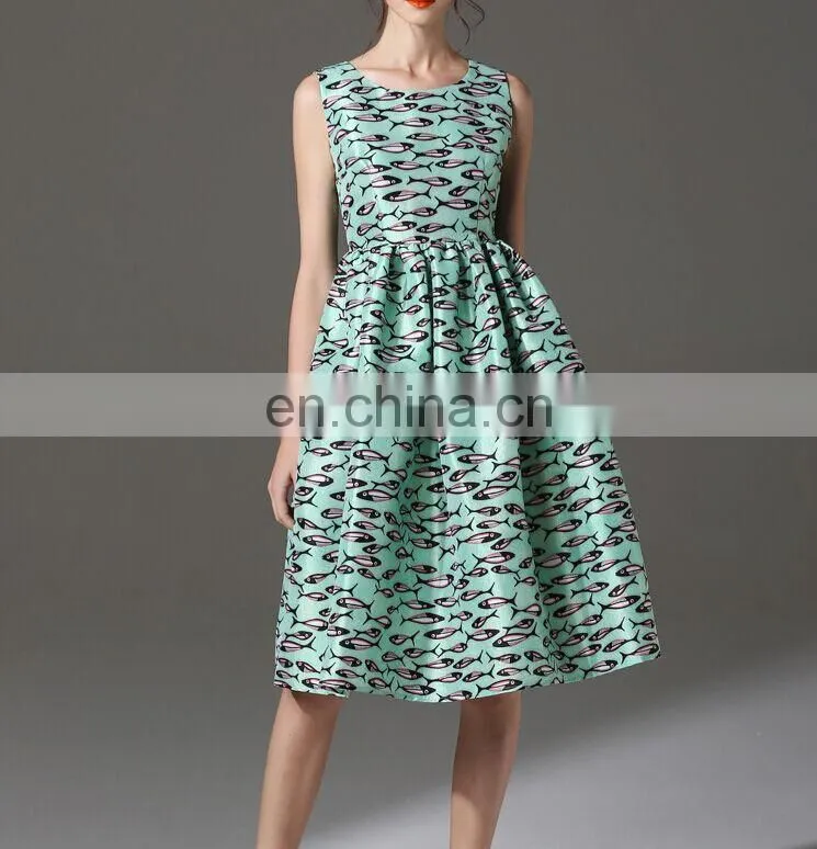 sea blue dress / knee length fish patterned skirt / sleeveless skirt