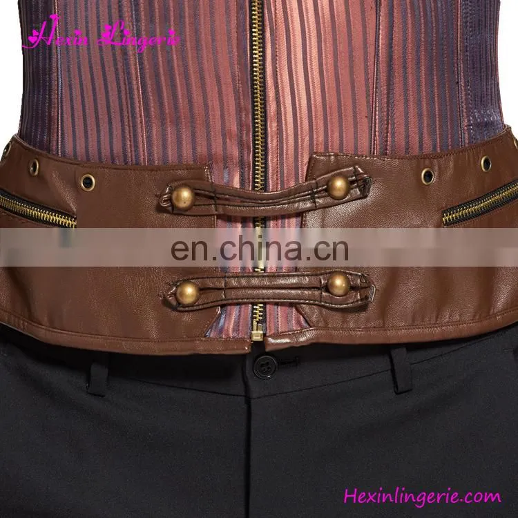 Fashionable Brown 8 Steel Boned Mens Zipper Two Pockets Locking Corset Wholesale