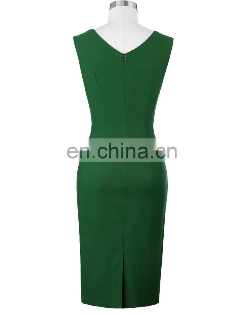 Belle Poque Retro Vintage Slim Fit Sleeveless Hips-Wrapped Bodycon Dark Green Women Business Tight Pencil Dress BP000302-2