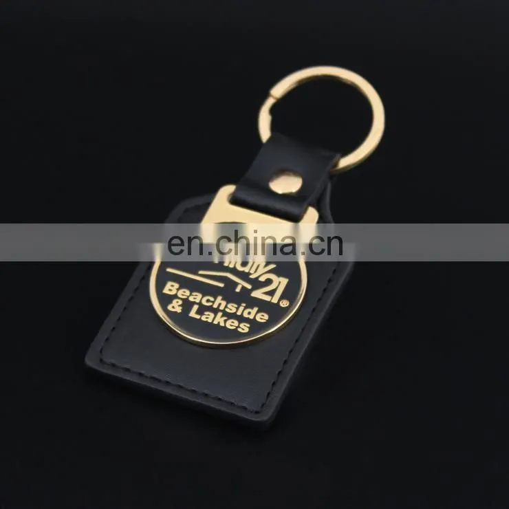 custom logo gold metal keychain black leather keychain