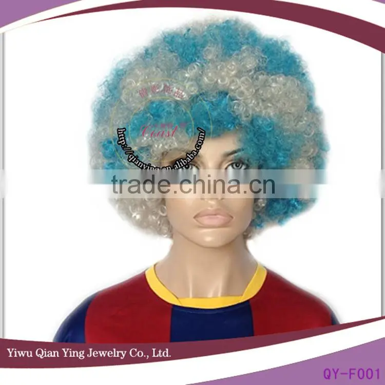 world cup football sports cheap wholesale white and blue synthetic fan hair wigs