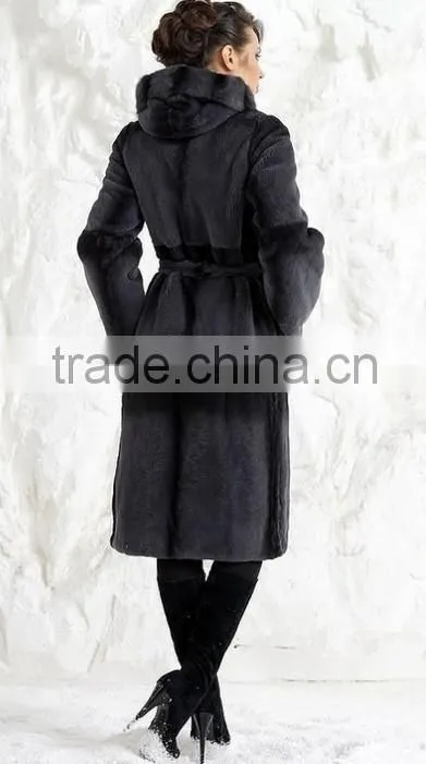 rex14069 knee-length rex rabbit fur coat belt gray