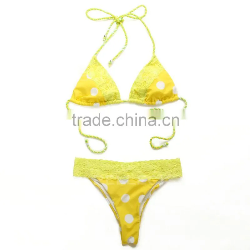 RELLECIGA Lace Bikini Series - Hot Dots + Neon Yellow Lace Brazilian Bikini Set with Triangle Top and Scrunch Bottom