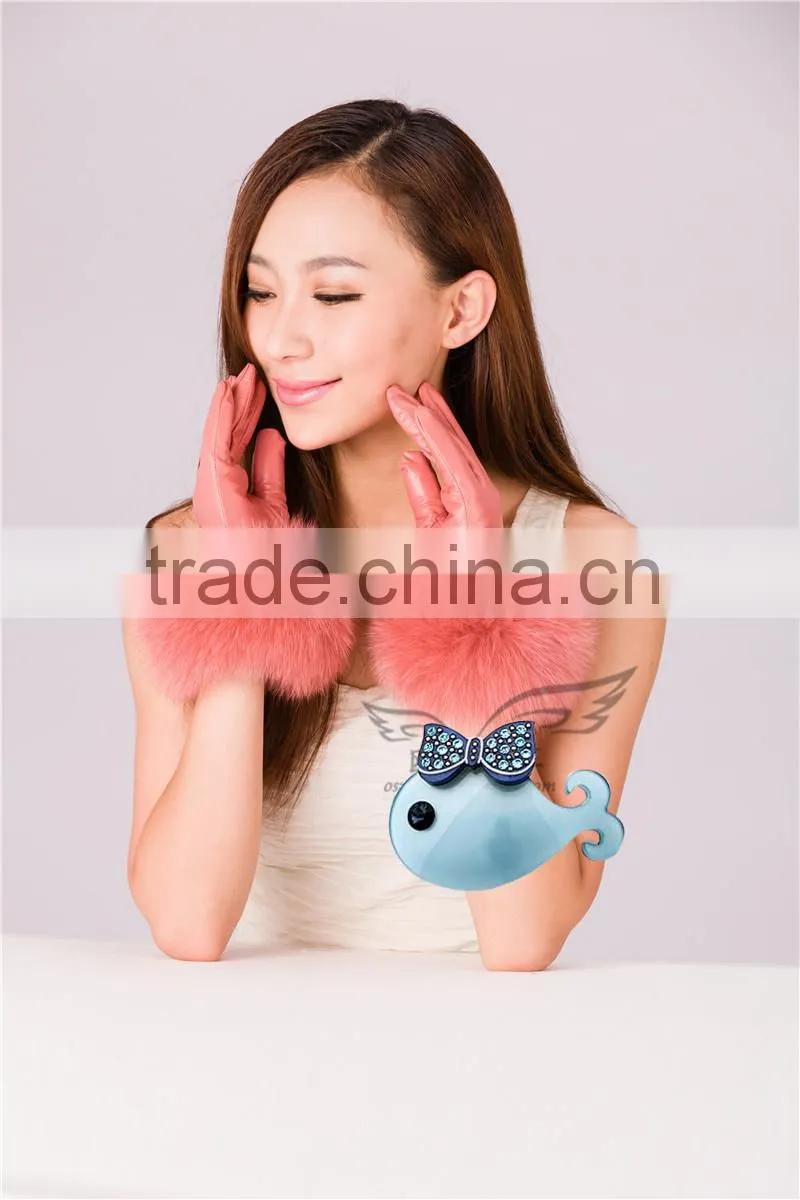 New Arrival Fashion Winter Warm Lambskin Ladies Fox Fur Leather Gloves