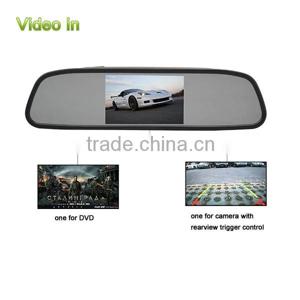 Universal 4:3 Display Ultra Slim Clip On 4.3" Rearview Mirror with 2 video in