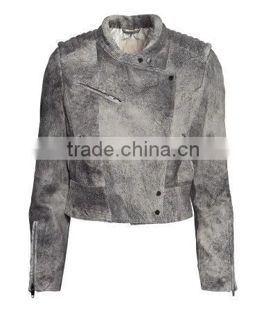 Gray Vintage Leather Biker Jacket for Woman