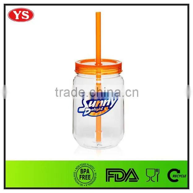 Large capacity plastic mason or food jars with straw and lid