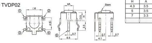 FTVDP02 Micro Switch 6x6x4.3mm PCB Momentary Tactile Tact switch 50mA 12V DC