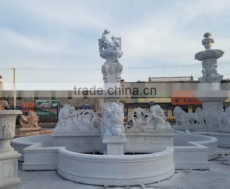 Factory carved big white stone marble fountain with lions and children