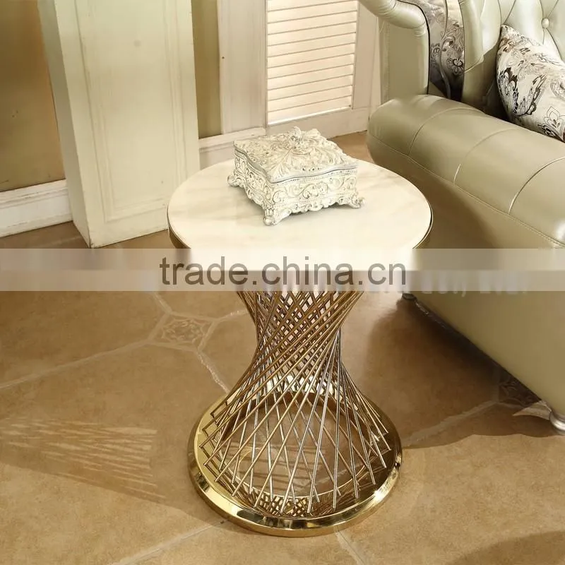Modern gold wire side table with round manmade marble