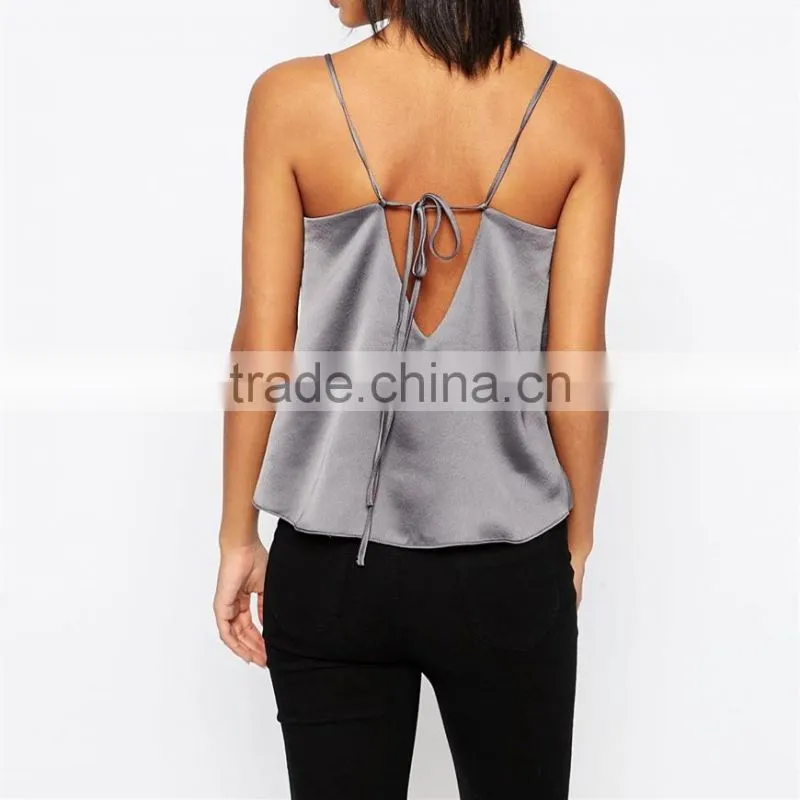 2016 Latest Ruffle Front Satin Cami Spagetti Strap Top HST8051