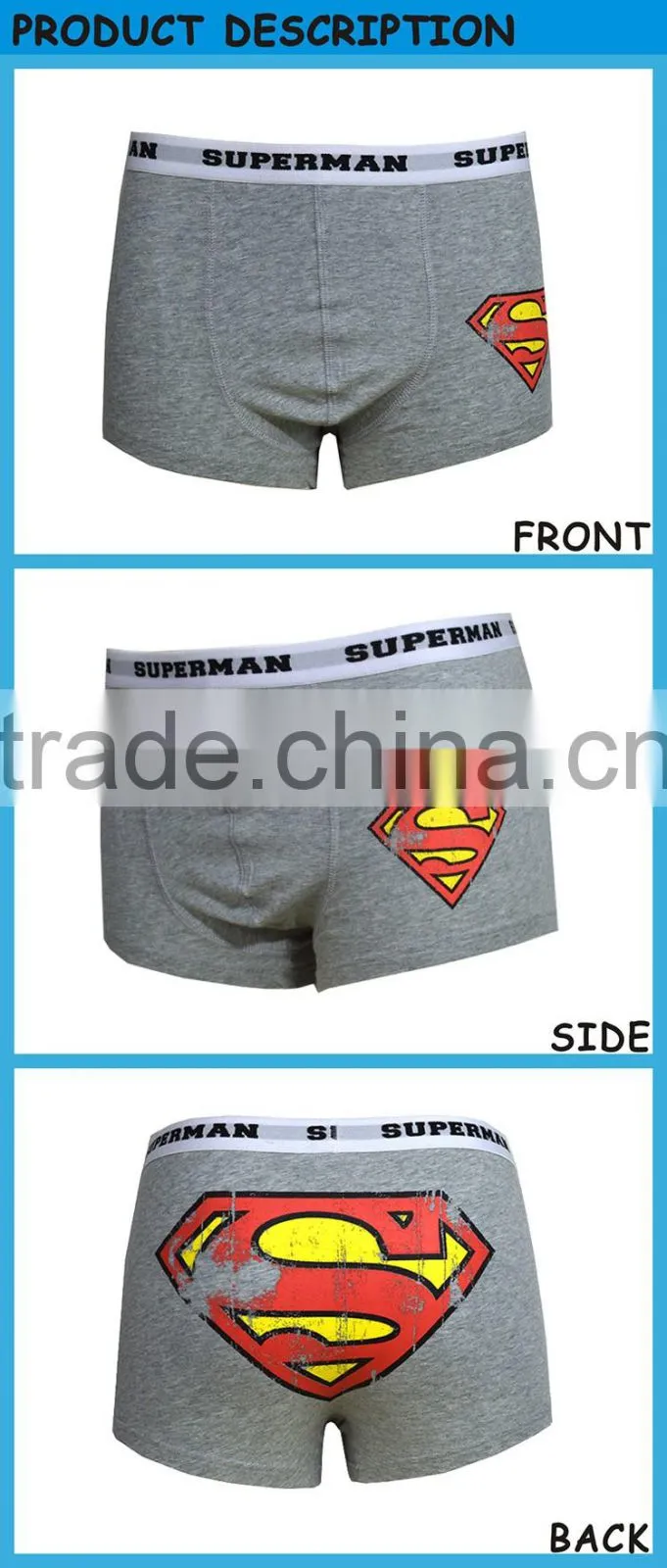 Superman Pattern Boxers Grey Solid Underwear for Male