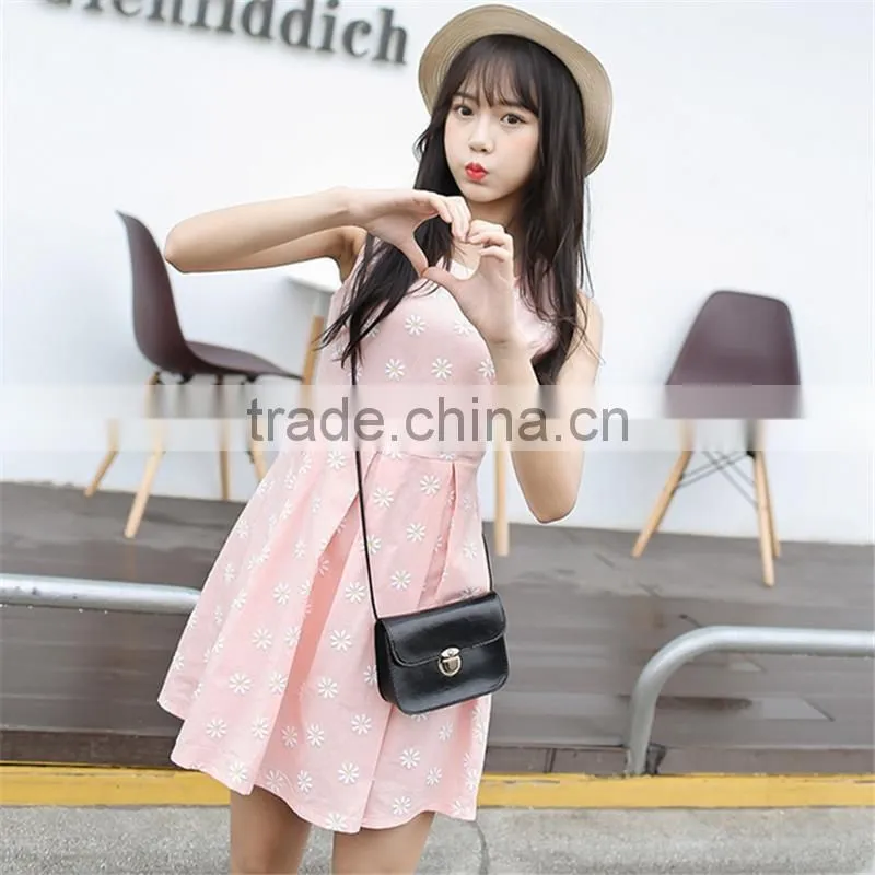 summer new design young lady dress fashion printed cotton linen A-LINE embroidered dress Sleeveless vest dress
