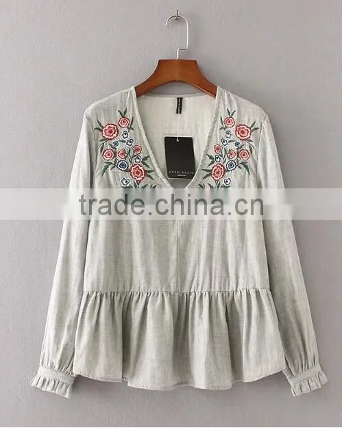Runwaylover EY2365B New Fashion 2017 Ladies Deep V-Neck Embroidery Blouse