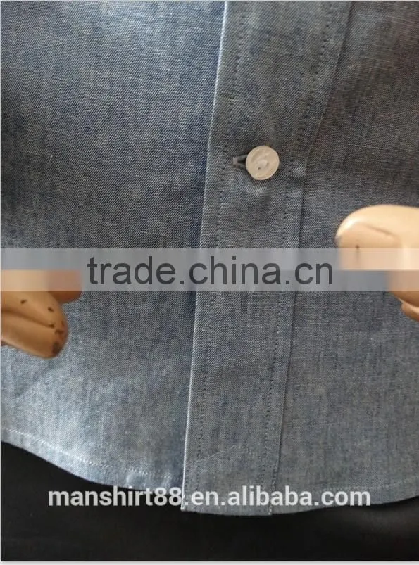 2016 100% cotton chambray fabric button down roll collar long sleeve washed denim dress shirt for men