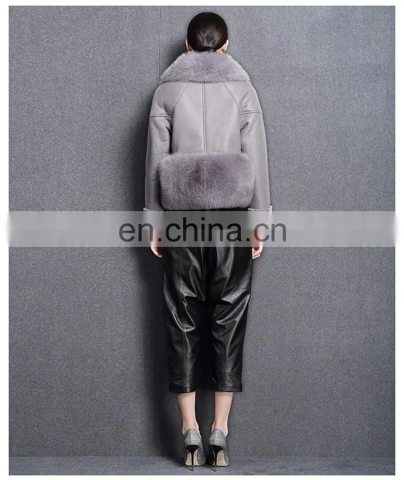 Korean Style High Quality Clothing Winter Women Leather Jacket with Fox Fur Collar