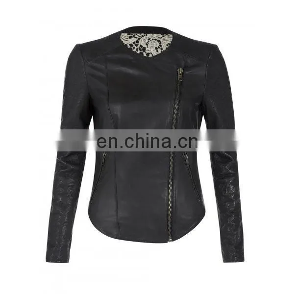 Bhira Black Collarless Brando Style Womens Biker Motorcycle Genuine Leather Jacket All Sizes