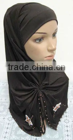 A569 Stylish islamic headscarf HEJAB pearl beaded flower two pieces LONG MUSLIM HIJAB