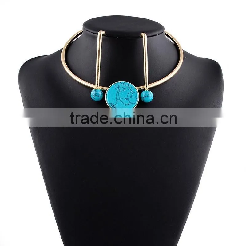 Fashionable Turquoise Jewelry Gold Choker Earrings Necklace Set
