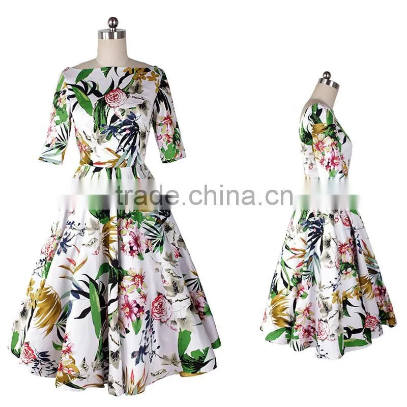 new midi half sleeve boat neckline peony printed cotton flared vintage dress 50s