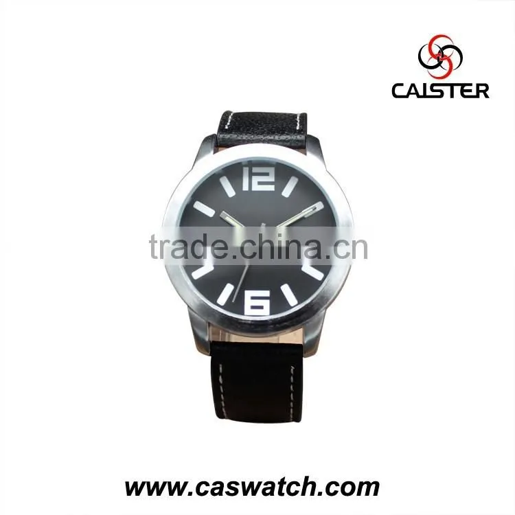 2016 classic simple design men's watch with large face, black face leather watch, sports style quality water resistant watch