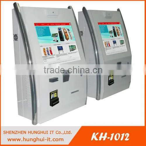 Wall mounted touch screen kiosk for store with cash acceptor and Barcode Reader