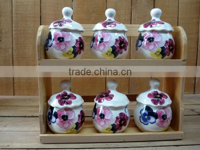 Ceramic Material 6 PCs Kitchen Canisters Set with Bamboo Stand