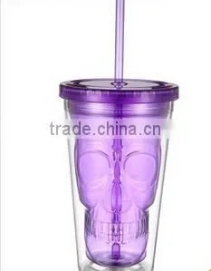 Skull Shaped Inner Wall Plastic Wine tumbler with straw lid