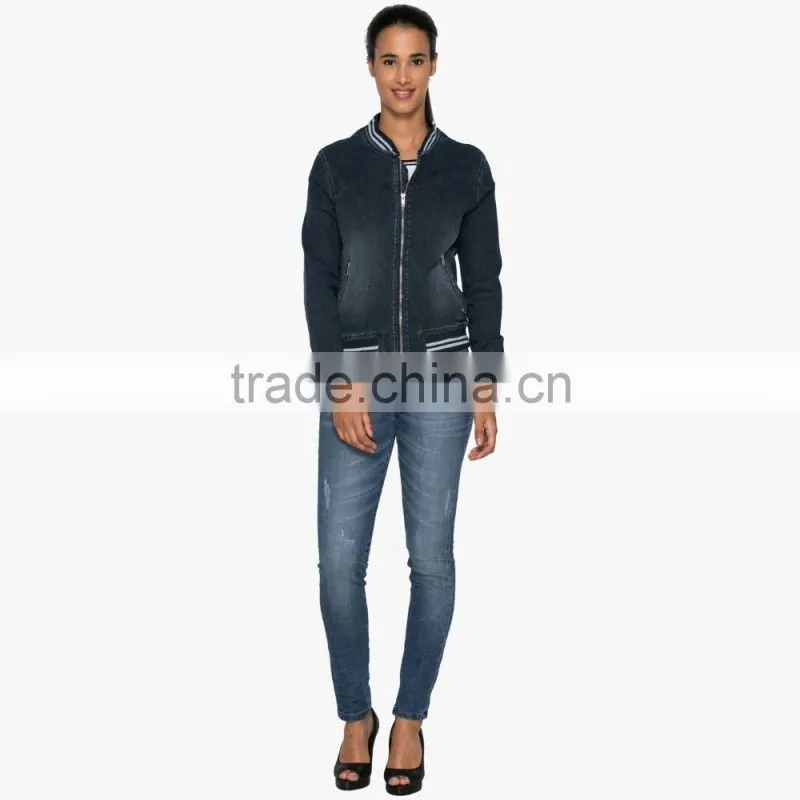 Blue Washed Women plain baseball jacket outdoor with Zipper wholesale