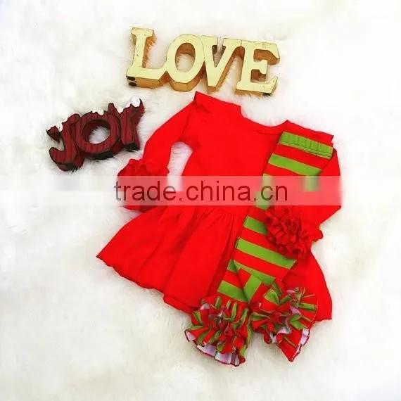 Wholesale Christmas Clothing Children Red Green Stripe Double Ruffle Leggings And Tops Girls Chrstmas Outfit