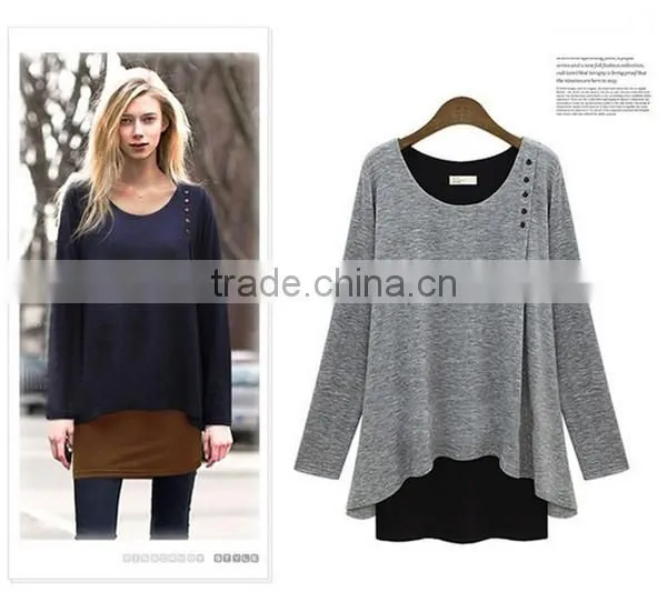 New design irregular two color fake two pcs long sleeve women wear loose T shirt water fall