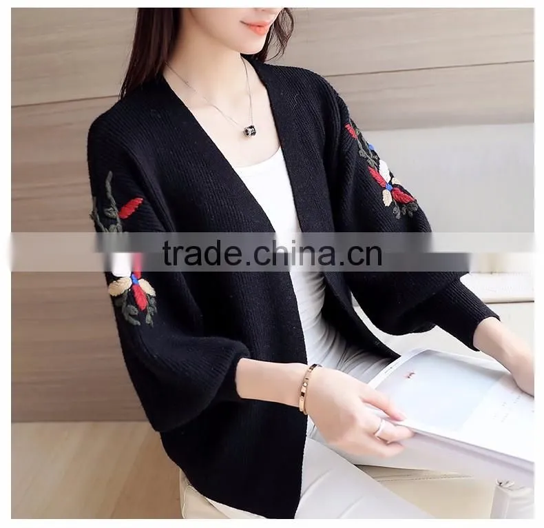 fall ladies loose embroidery sweater coat green bishop sleeve knit short sweater